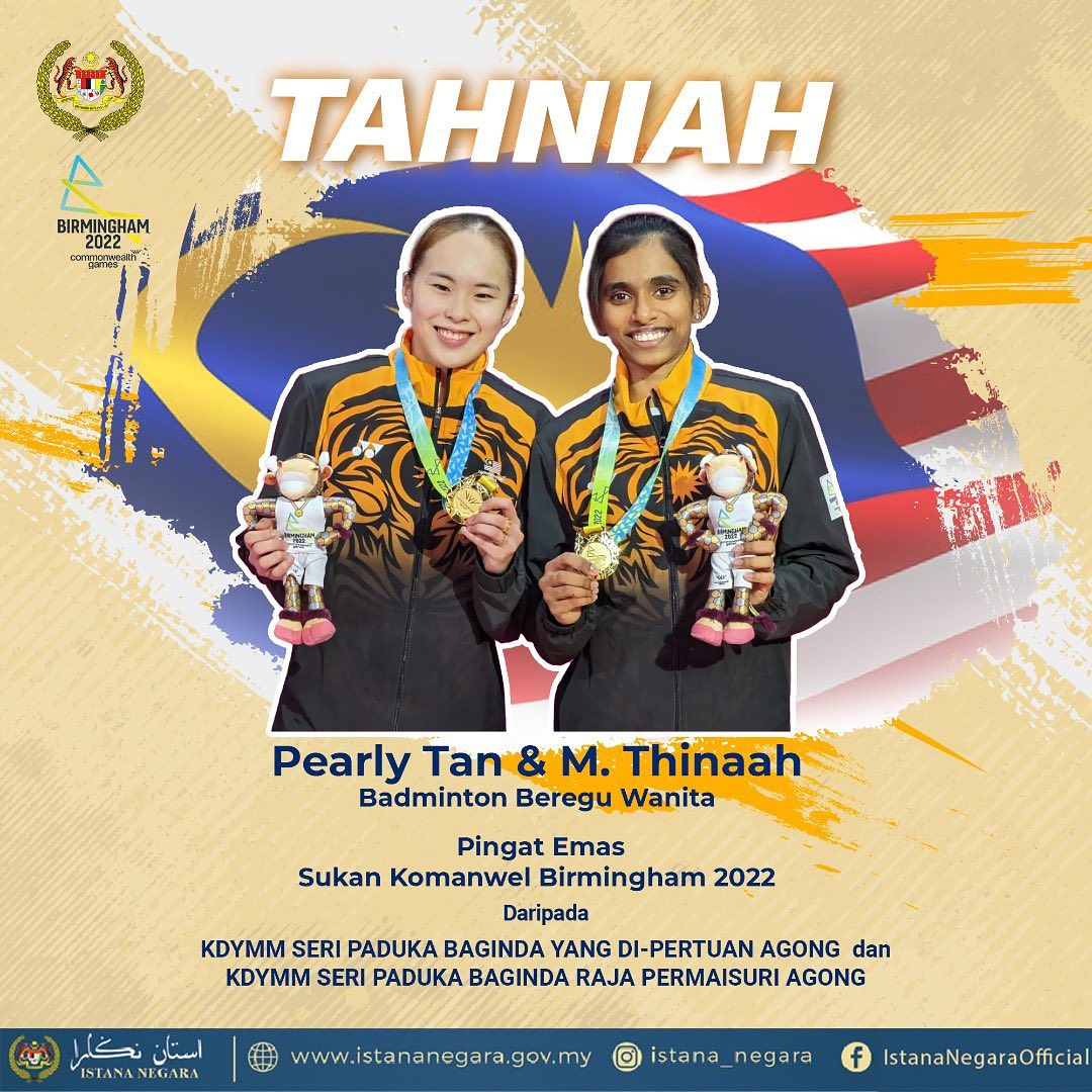 King, Queen congratulate Pearly Tan-M Thinaah for winning seventh gold ...